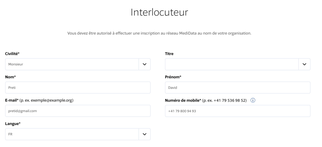 Formulaire MediData : données de l'interlocuteur principal